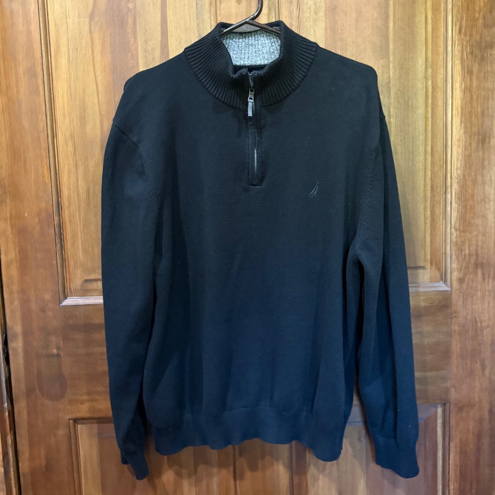 Nautica Mens XL Black 100% Cotton Quarter Zip Mock Neck Pullover Sweater Logo